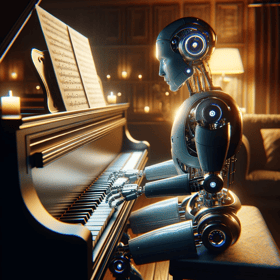 DALL·E 2024-01-01 11.01.57 - A square image depicting a robot playing a piano. The robot has a modern, metallic design with humanoid features, particularly its hands, which are po